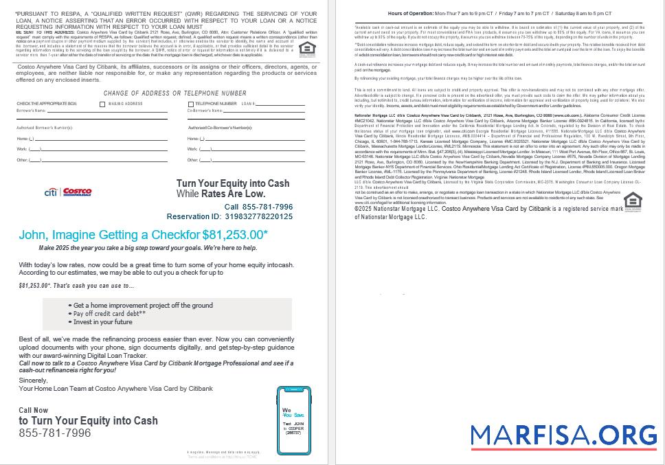 Printable USA Costco Anywhere Visa Card by Citi bank mortgage loan statement in Word and PDF formats , 4 pages 3 4 download for verification